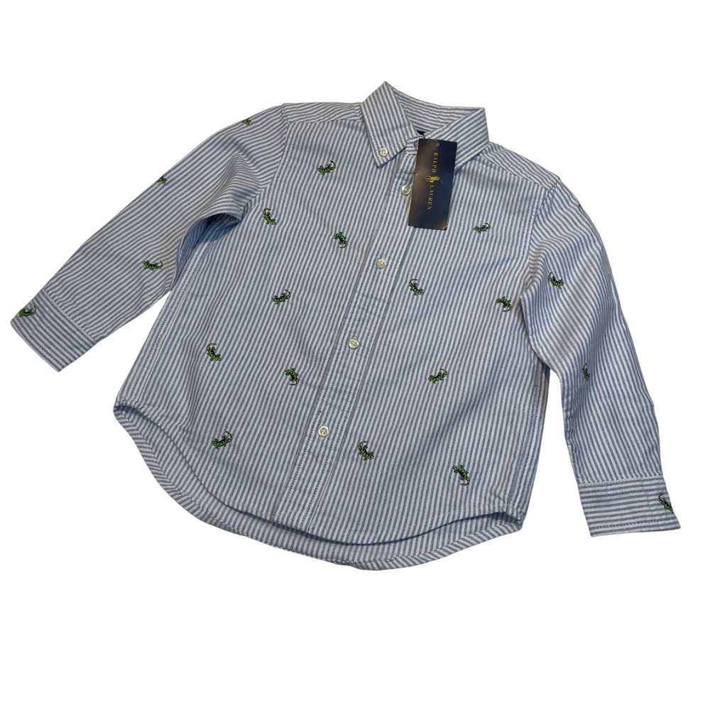 Ralph Lauren Kids‎ Blue White Stripe Lizard Embroidered Button Down Shirt 3/3T - Picture 6 of 11